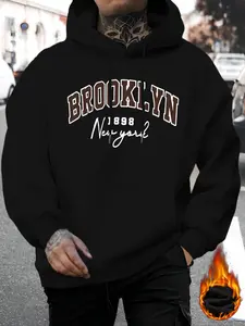 Men's Brooklyn 1898 New York Letter Print Hoodie, Casual Fitted Long Sleeve Drawstring Sweatshirt, Fall & Winter Comfortable Top