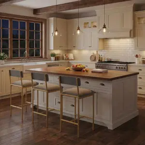 GAOMON Bar Stools Set of 4, Kitchen Bar Stools with Footrest, 25.5 Inches Upholstered Gold Bar Chairs with Back, 4 Counter Height Barstools for Counter Bar, Island, Easy Assembly, Gray-Gold