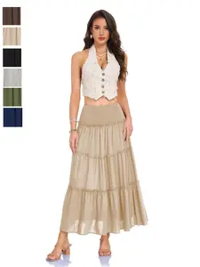 Spring Summer Elegant Fit Waist Gathered Three-Tier Ruffle Hem Long Skirt, Casual Commuter Half-Skirt, Plain Pattern, All Seasons Bottoms