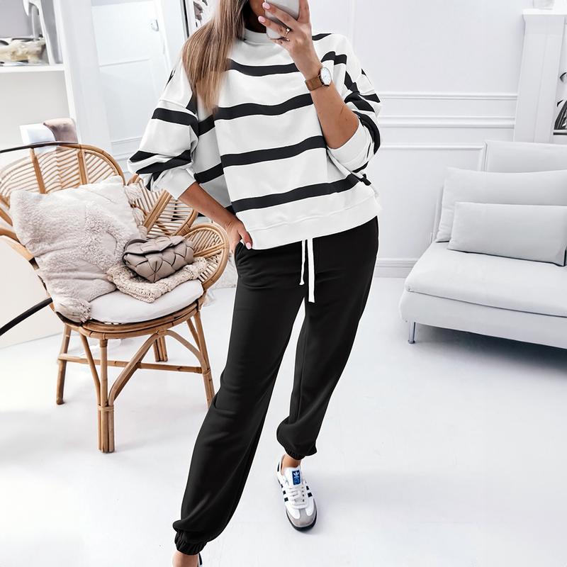 MULLVEIG Women's Stripe Drop Shoulder Pullover & Jogger Pants Set - Winter 2 Piece Lounge Outfit for Cozy Comfort Womenswear
