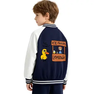 Unisex Kids Two-Tone Raglan Baseball Jacket, Striped Rib Stand Collar Snap Button Varsity Coat, Soft Loose Lightweight Outerwear for Spring Autumn School Daily Outdoor Trips