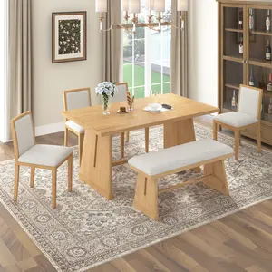 6-Piece Rustic Dining Set with Wire Brushed Table & Trapezoid Legs, 4 Linen Upholstered Chairs & 1 Padded Bench for Farmhouse Kitchen & Dining Room