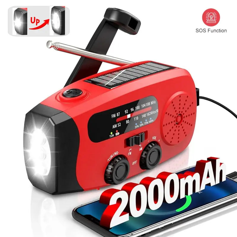 2000mAh Solar Hand Crank Emergency Radio - 3-Way Power (Solar Panel, Type-C USB, Rechargeable ABS Battery), AM/FM/NOAA, 3 LED Flashlights Battery Powered, SOS Alarm, 5.1x2.1x2.4in, 0.51 lb Portable Emergency Kit for Hurricane Preparedness