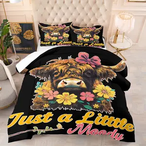 Highland cow print pattern bedding set, including 1 quilt and 1 or 2 pillowcases without pillow filling, soft children's or adult bedroom decorations gift