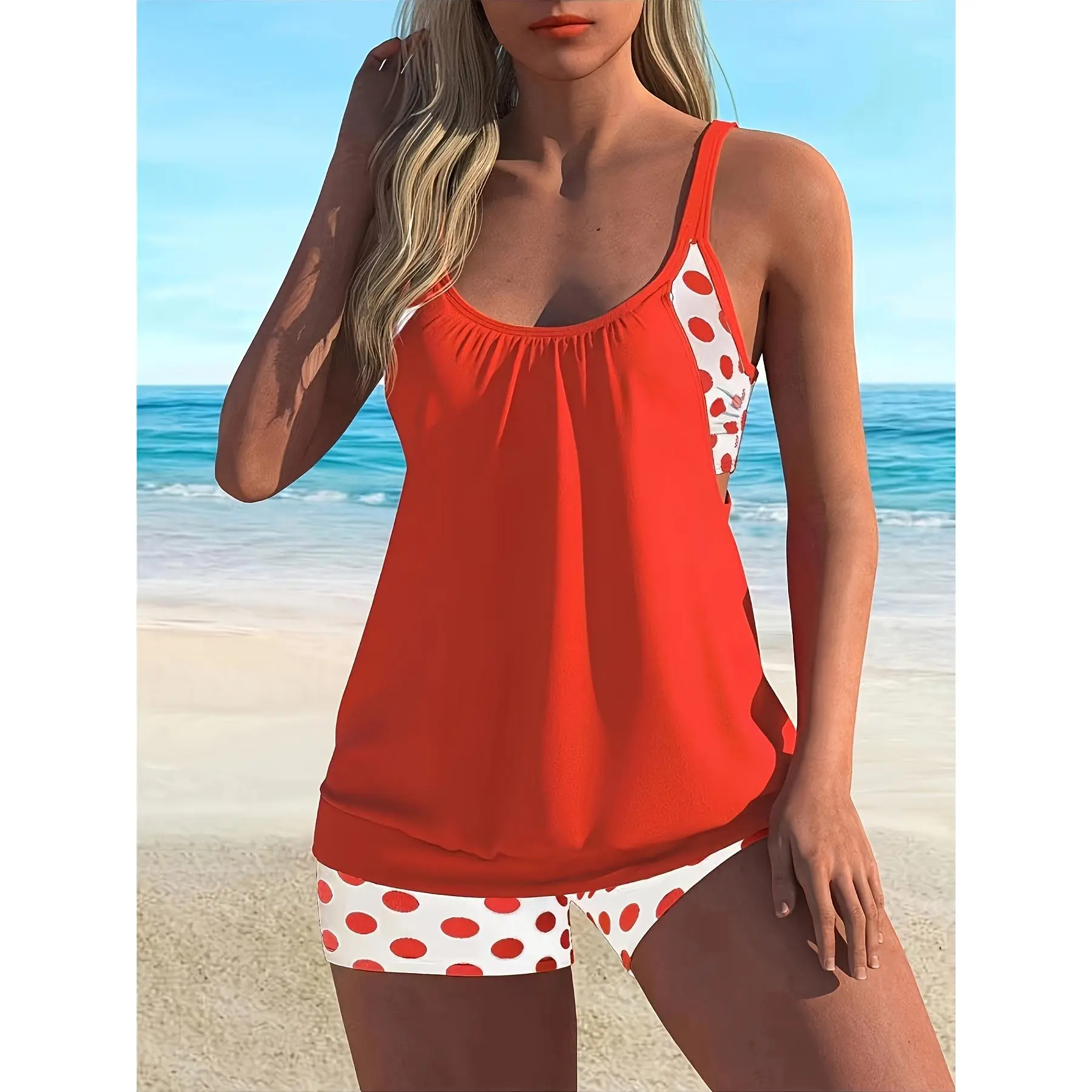 Women's New Split-Print Polka Dot Flat-Angle 2-Piece Tankini Swimsuit Set - Tankini Outfit with Top and Bottoms for European & American Styles, Swimsuits