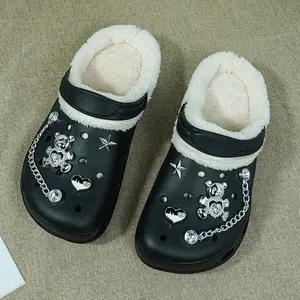 Women's Fuzzy Lined clogs Slip-on Soft-Soled Platform Non-Slip Shoes with Bear Chain Rhinestone Decorated Cotton Slippers For Autumn And Winter