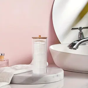 Base plate and covered circular support - Transparent bathroom storage containers for makeup pads, discs and cups, suitable for bathroom supplies.