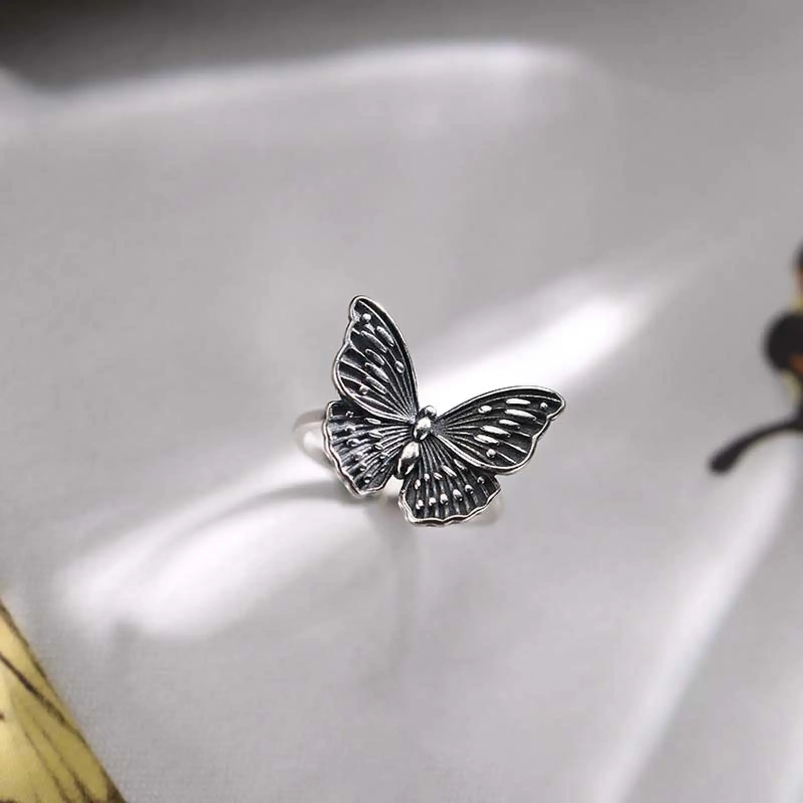 Rotating Openwork Butterfly Ring for Women, Adjustable Vintage Design with Gemstone in a Distressed Silver-tone Finish, Rotating Openwork Ring, Retro