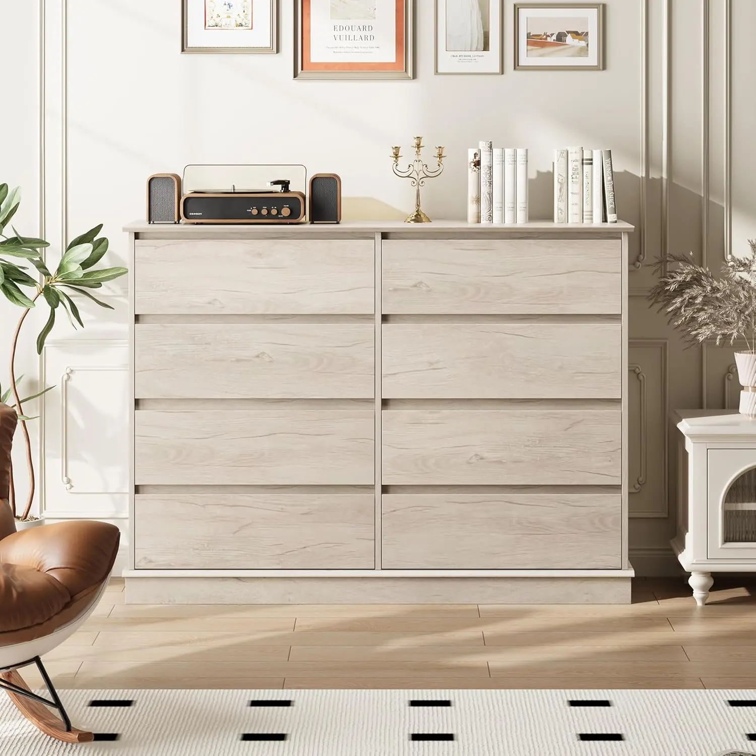 Gaomon Oak 8-Drawer Modern Dresser - Wide Wooden Drawer Cabinet with Faux Linen Finish, Elevated Base, Spacious Top, Assembly Required for Bedroom Clothes Organization