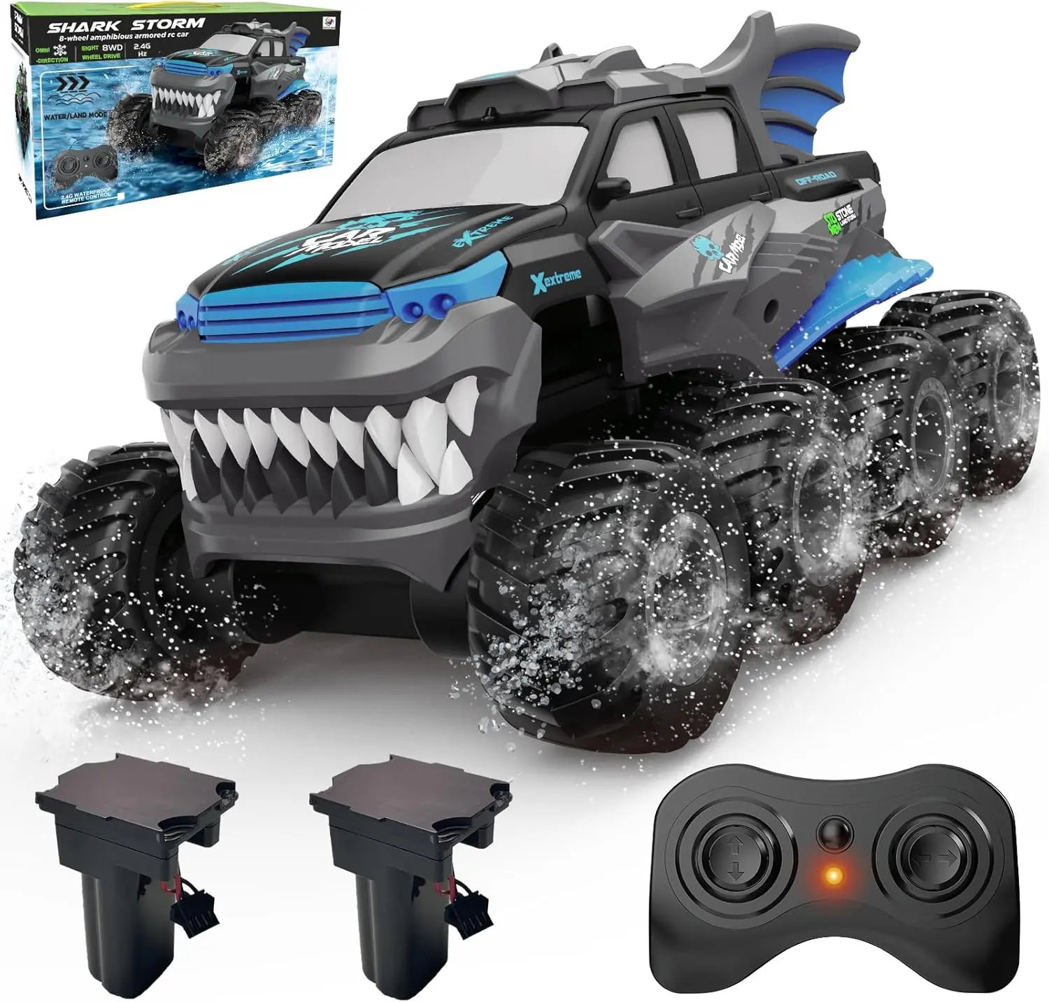 Amphibious Remote Control Car with 2 Rechargeable Batteries, 8WD RC Cars for Boys Age 8-12, Offroad Waterproof RC Monster Truck, 2.4GHz All Terrain RC Drift Cars Beach Pool Toys Gifts for Kids Blue