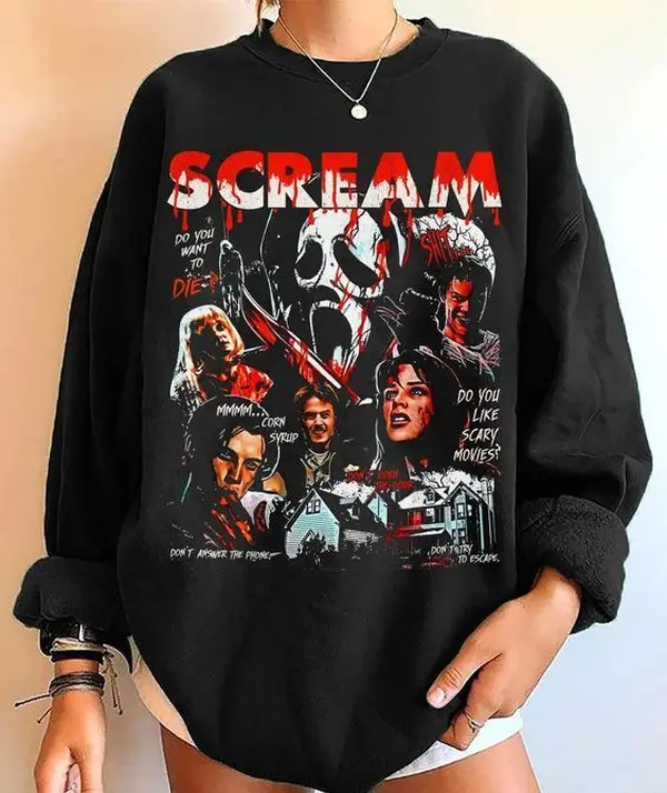 Scream Movie Characters Sweatshirt, Horror Movie Fan Shirt, Ghostface, Billy Loomis, Stu Macher, Sidney Prescott, Halloween Sweater