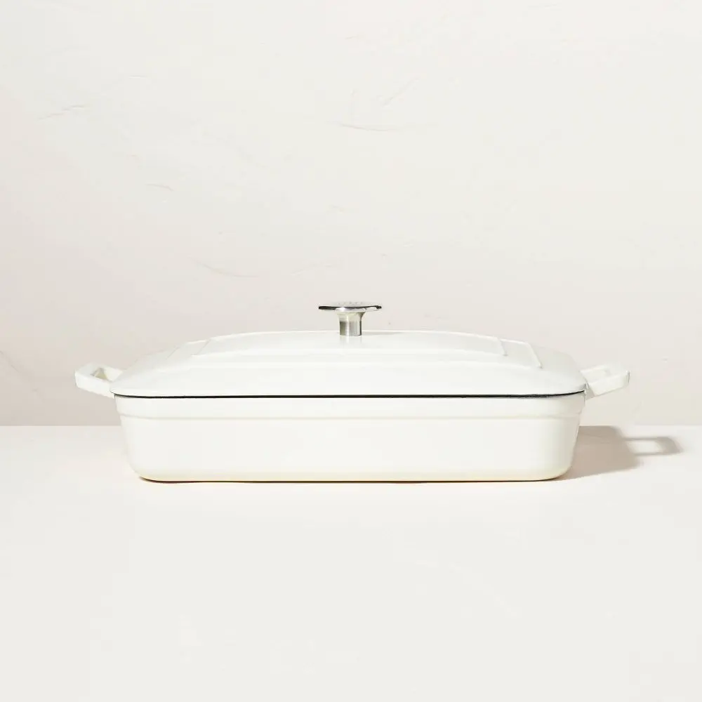 Enamel Coated Casserole/Bakeware Dish with Lid Cream - Hearth & Hand with Magnolia: Cast Iron Hand Wash Nonstick