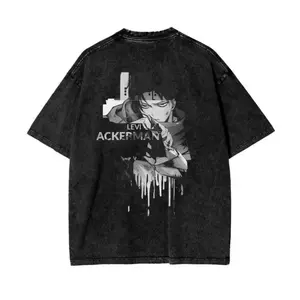 Men's Acid Washed Oversized Attack on Titan Levi Ackerman Graphic T-Shirt - Seamless Short-Sleeve Crew Neck Cotton Top, Unisex Retro Streetwear Loose Fit Casual Apparel, Manga Fan Summer Gift, Round Neck