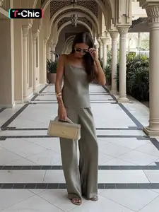 Pure Color Satin Halter Top Wide Leg Pants Two-Piece Set, Womenswear, Evening Party Elegant, Stylish, Fit and Comfortable Wear