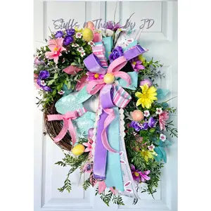 Spring Wreath - Easter Pastel Flowers & Metal Bunny