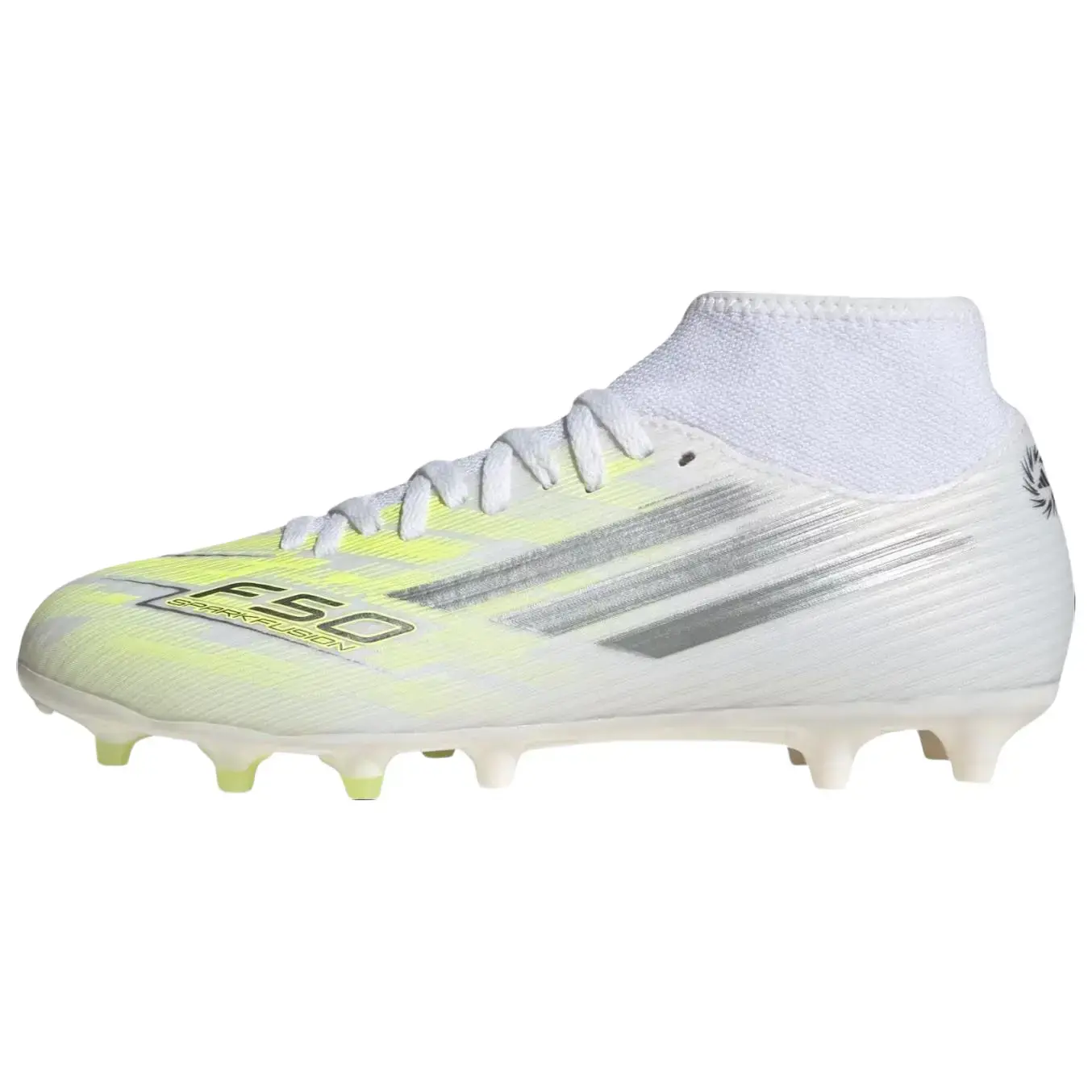 Women's Adidas F50 Sparkfusion Club Mid FG-AG Football Boots, Cloud White Iron Metallic, Lightweight, Supportive Mid-Cut Silhouette, Speed and Control, Responsive Movement for Training