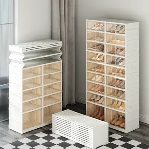 【JOYVELLEHEIM】9 Tier 36 Pairs Foldable Shoe Rack Organizer, Clear Portable Plastic Shoes Rack, Collapsible Shoes Storage Box with Lids Door, Large Tall Shoe Cabinet for Closet home furniture space-saving