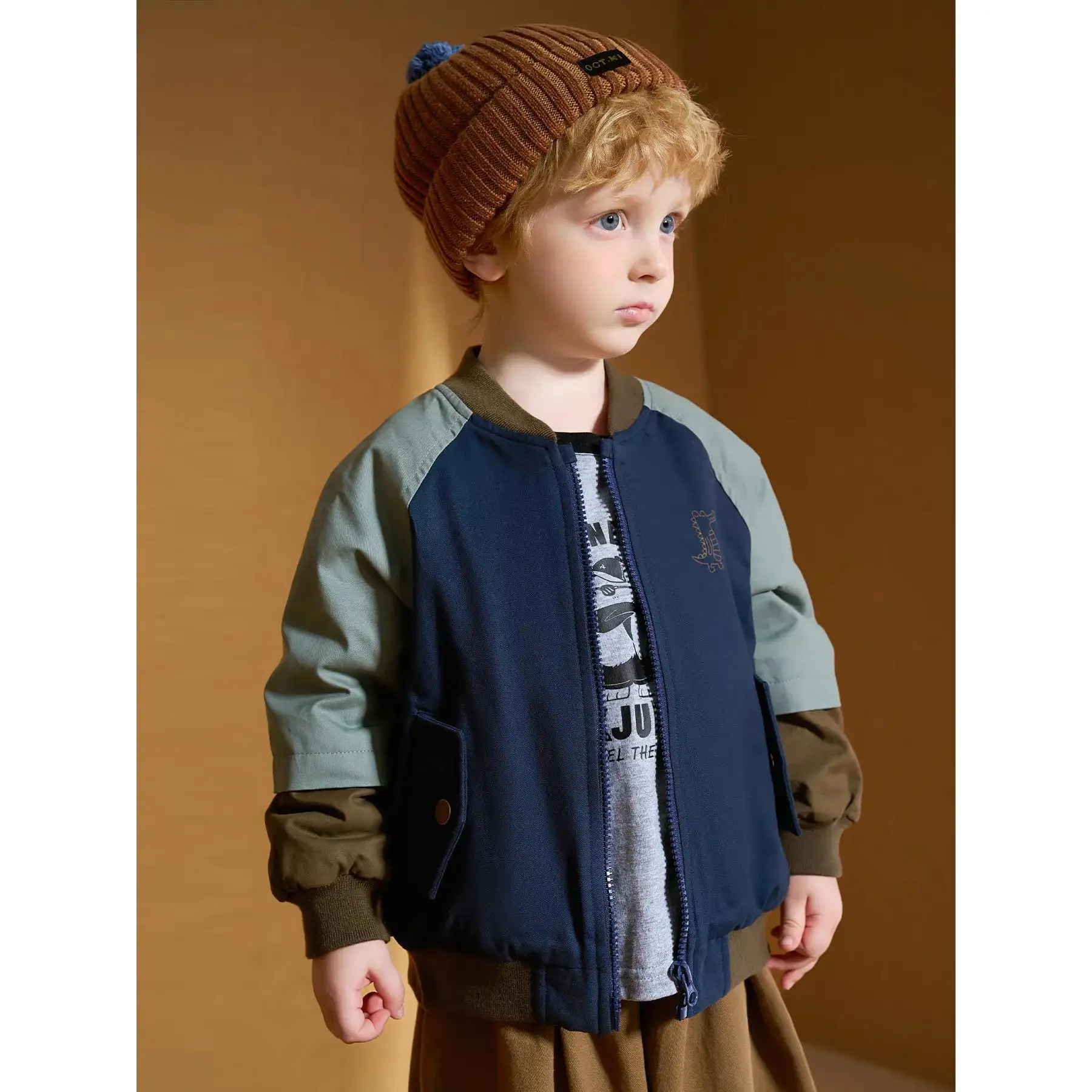 Boys' Navy Blue & Teal Color-Block Baseball Jacket with Fleece Lining - Winter Warmth, Zip-Up Casual Style, Long Sleeves, Polyester Lining, Perfect for Outdoor Play, Winter Jacket for Boys, Playful Youngsters'S Fashion, Durable Youngsters'S Wear