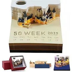 3D Calendar 2025 -Time Piece Calendar, 2025 Desk Calendar Notepad Magic Castle 3D Memo Pad Non-stick Sticky Notes with Pen Holder Weekly Calendar For School Office Home