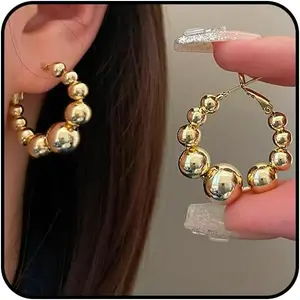 Chunky Gold Ball Statement Earrings for Women Minimalist Y2k Large Silver Beaded Cluster Earrings Oversized Round Hoop Earrings Wedding Valentines Gift