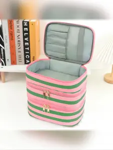 3-Layer Striped Makeup Bag, Cosmetic Travel Bags, Large Capacity Travel Toiletry Organizer
