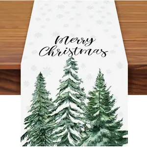 72 x 13 Inch Merry Christmas Table Runner - Snowflakes and Pine Trees  for Holiday, , Kitchen, Mantel, Dining Table Decor, Winter Xmas Party Supplies