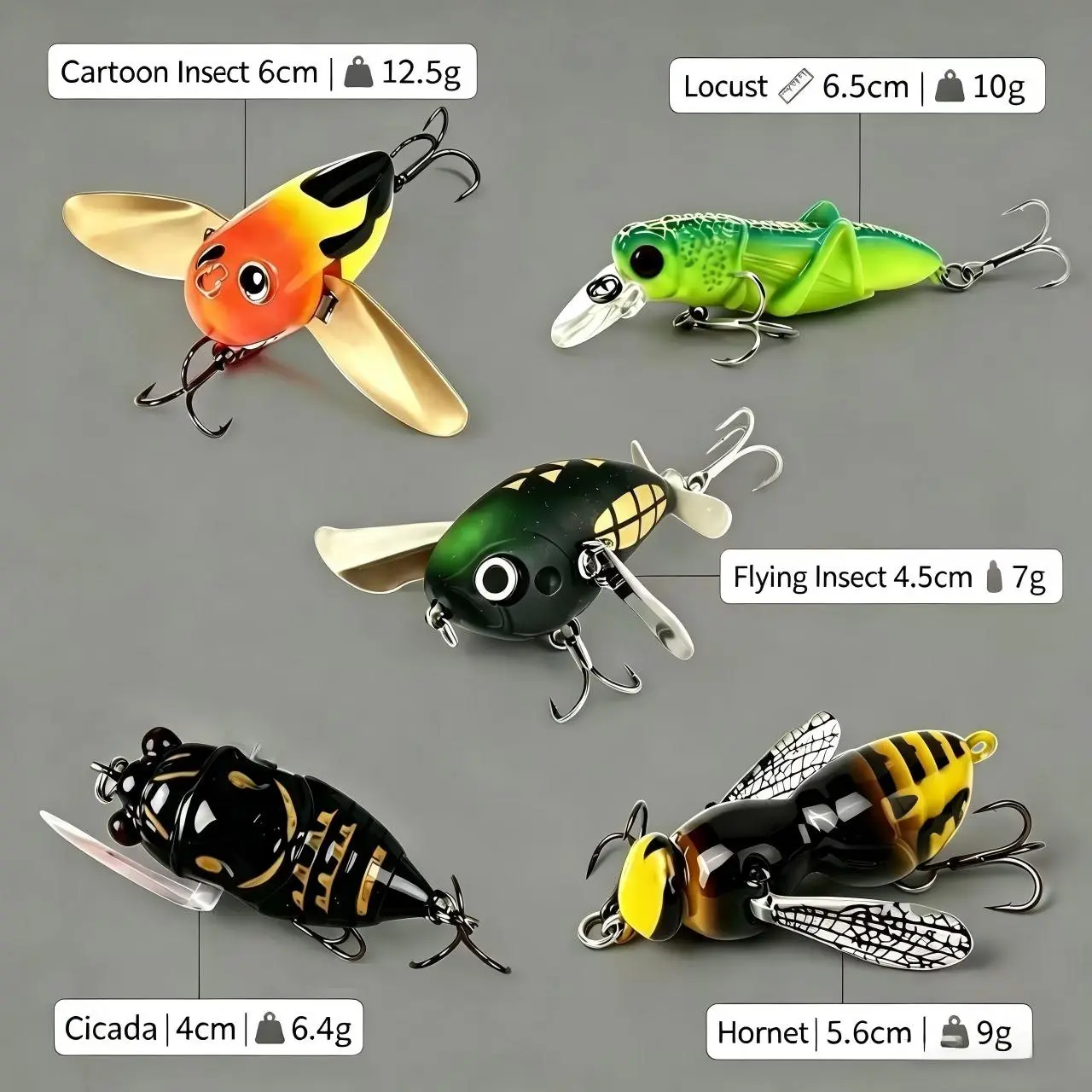 5 Pack Bionic Buzzing Wing Topwater Hard Lures Combo, Floating Insect Crankbait Fishing Lure Set for Freshwater Bass Snakehead Trout