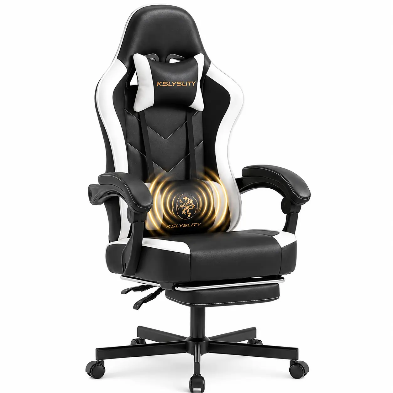 Massage Gaming Chair with Footrest and Lumbar Support, High-Back Reclining Computer Chair, 360° Swivel PU Leather Gamer Chair