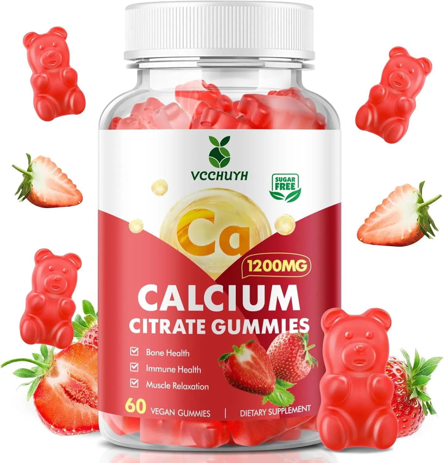 Calcium Citrate Gummies 1200mg Chewable Calcium Supplements for Women and Men Sugar Free Calcium Gummies for Bone Muscle and Immune Support Strawberry Flavor 60 Count Daily Bone Health Muscle Strength and Immune Support Wellness Formula