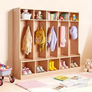 VEVOR 5-Section Kids Coat Locker, Wooden Toddler Cubby Storage Organizer with 10 Hooks & Non-Slip Mat, Modern Kid Coat Cubbies with 10 Small Open Storage Boxes for Home, Kindergarten, Daycare, Natural