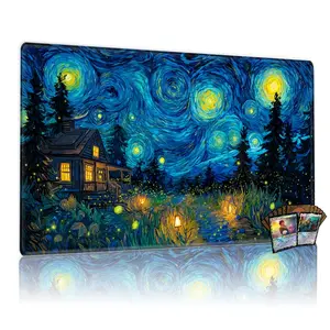 TCG, MTG, CCG RPG trading card game MATS, Gaming Mousepad, Van Gogh style night, enchanting cabin, swirling sky, glowing path, firefly forest, non-slip, versatile desktop decor