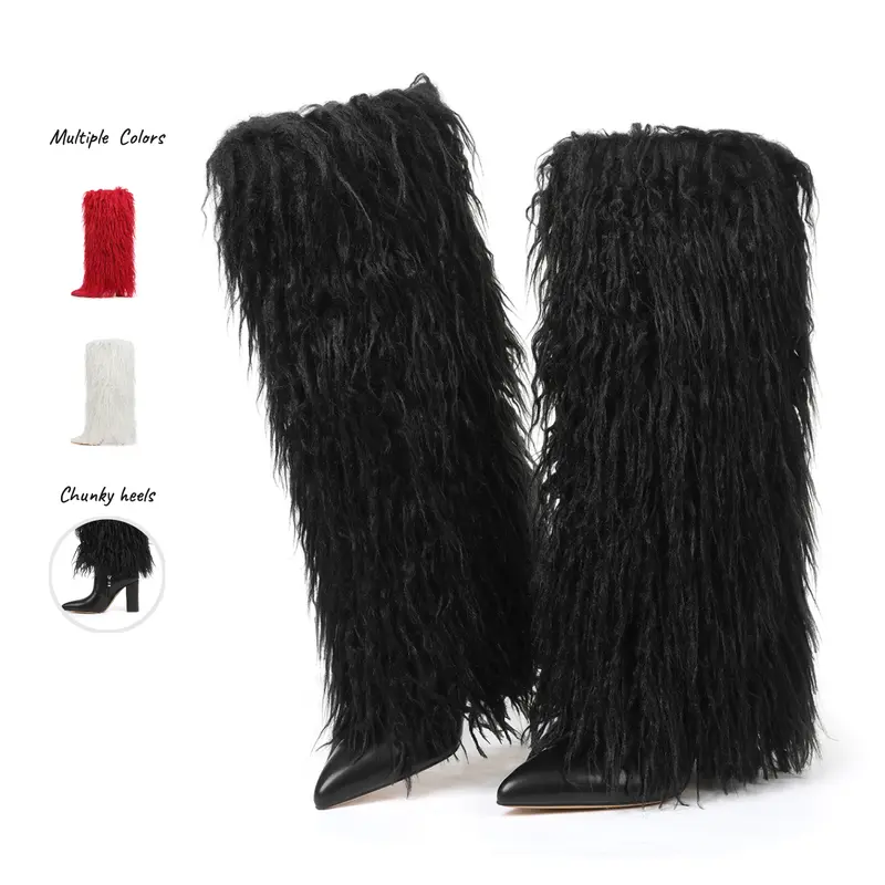 AOSPHIRAYLIAN Women's Minimalist Chunky Heel Knee-High Winter Boot Heels - Wide Calf, Pointed Toe, Side Zipper, Fold-Over, Shaggy Fur Cover, Warm Footwear, Outdoors, Halloween, Girlfriend Gift (Black, Red, White)