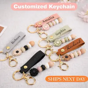 Personalized Leather Name Keychain | Custom Beaded Keyring | Perfect Gift for Her