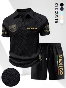 Summer New 2-Piece Set, Men's Mexican Style Print Collared Polo Shirt + Drawstring Pocket Shorts, Casual Fashion Menswear for Sports, Leisure, Home