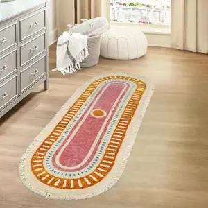 Boho Bathroom Runner Rugs with Fringes, 2x6 Oval Sun Washable Hallway Runner Rug, Extra Long Soft Non-Slip Rainbow Area Rug for Kitchen Laundry Room Entryway