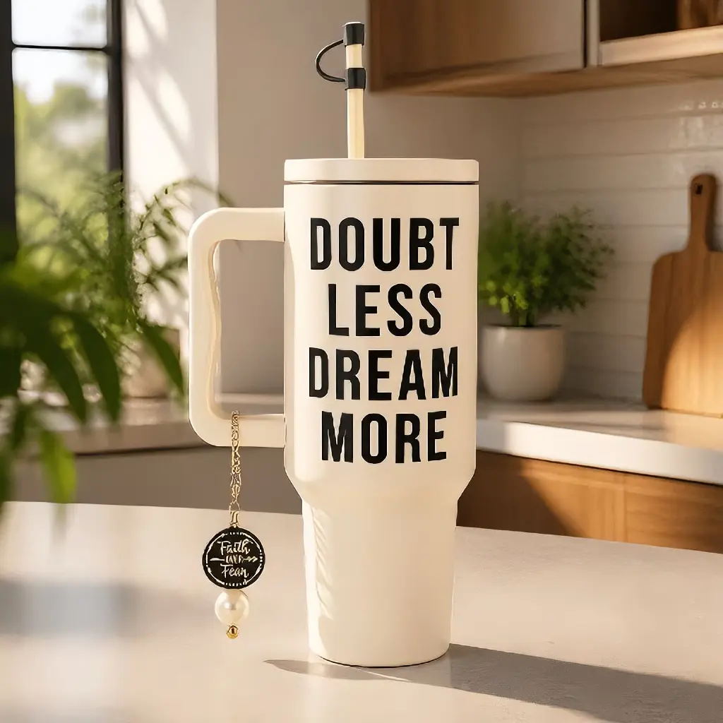Doubt Less Dream More Cream 40 oz Stainless Steel Tumbler with Cup Charm Keeps Drinks Cold for Long Time