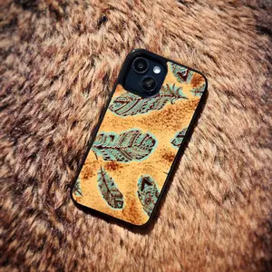 Real Leather Phone Case - For iPhone for 6 7 8 X XS XR 11 12 13 14 15 Pro Mini ProMax Max Plus + - Feather Pattern