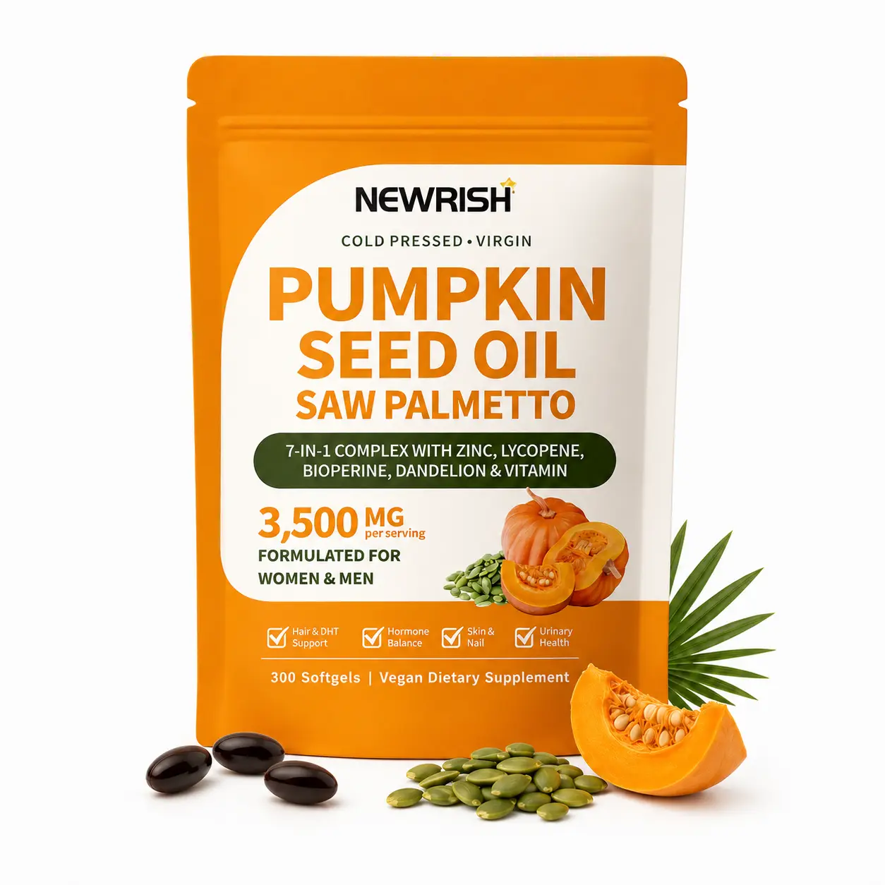Newrish Natural Pumpkin Seed Oil & Saw Palmetto Softgels 3000mg High Content Plant Esters 300 Capsules Supplement for Hair and Prostate Support Cold Pressed Non-GMO Healthcare Formula