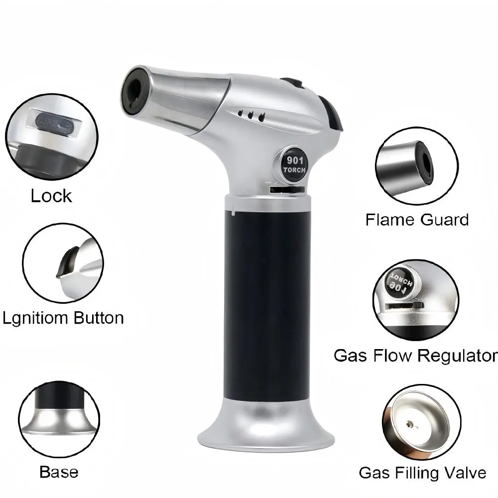 Professional Kitchen Cooking Torch - Lockable, Adjustable Flame, Refillable Mini Soldering Torch Lighter for BBQ, Baking (Butane Gas Not Included)