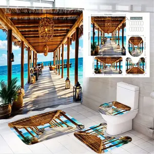 4pcs Tropical Beach Paradise Bath Rug Set, The floor mat fabric is thicker and softer!，Invigorating Pier Scene with Thatched Roof & Palm Accents, Relaxing Coastal Aesthetic