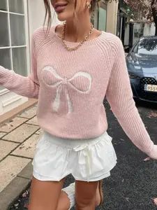 Women's Bow Embroidered Pullover Sweater Style Womenswear Tops, Perfect for Holidays & Valentine's Day, Cozy Knitwear for Fall & Winter, Bowknot, Knitting