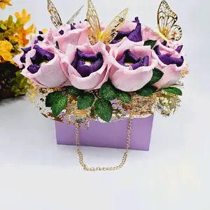 Elegant Handmade Floral Gift Box with Decorative Ferrero Rocher Accents Pink & Purple Roses with Gold Chain Flower Fruit Bouquet for Birthday Wedding Anniversary Home Decor 20x25 cm