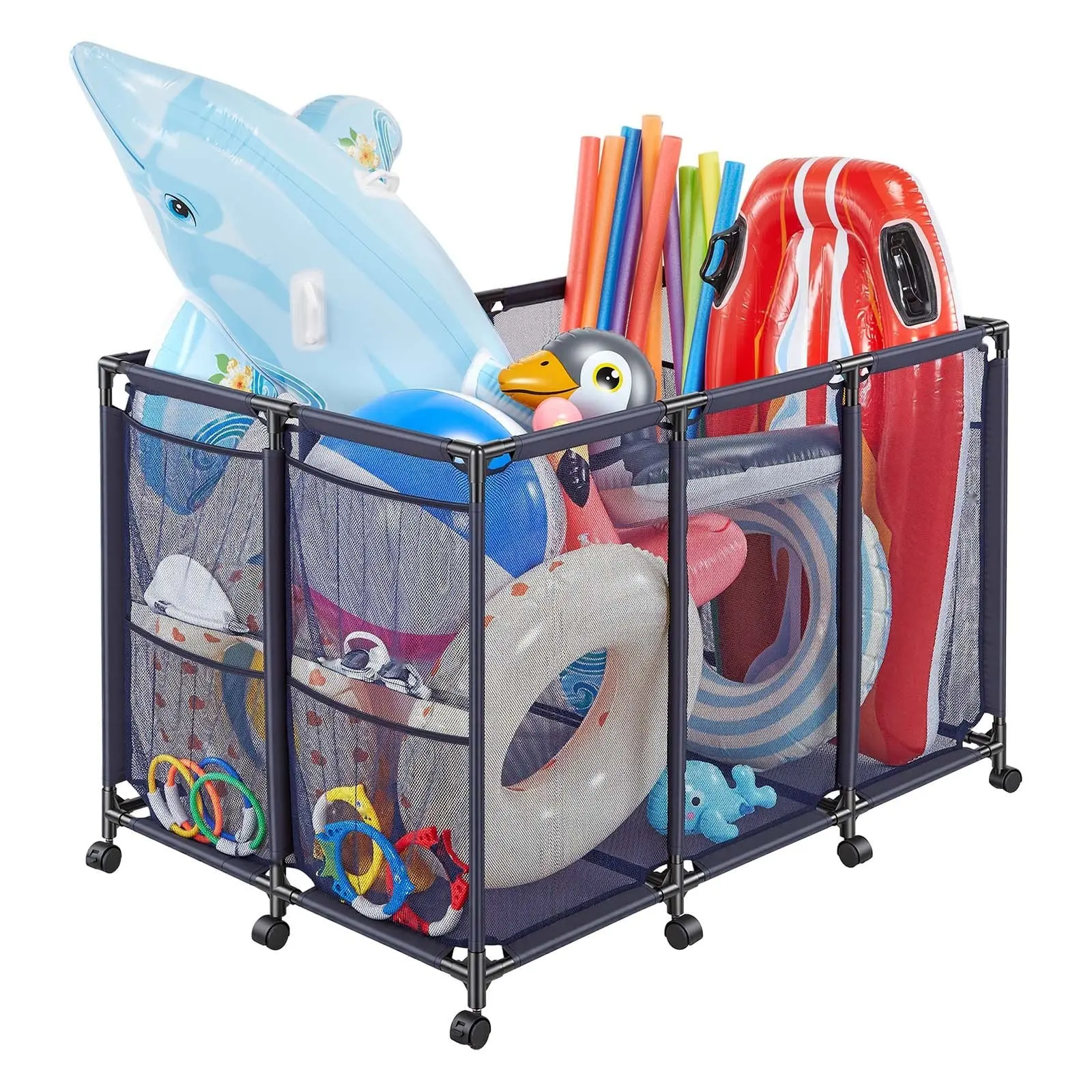 Pool Storage Bin, Rolling Pool Organizer With Casters, Heavy Duty Metal Frame, 48.8 x 32.7 x 32.7 In, Poolside Toys Noodles Holder, Mesh Basket For Swimming Pools, Float Storage Organizer With Side Pockets And Durable Construction