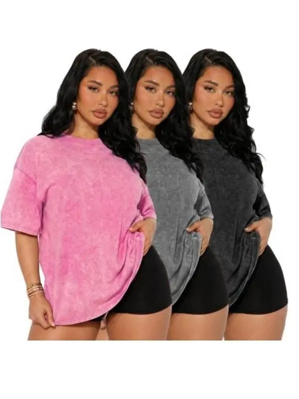 Women’s 3-Pack Loose-Fit Short-Sleeve American Vintage Distressed Crew Neck Solid Color Tops - Casual Women's T-Shirts, Machine Washable, Suitable for Home Wear & Everyday Outings, Baggy, Women's Tops,back to school,back to school shopping