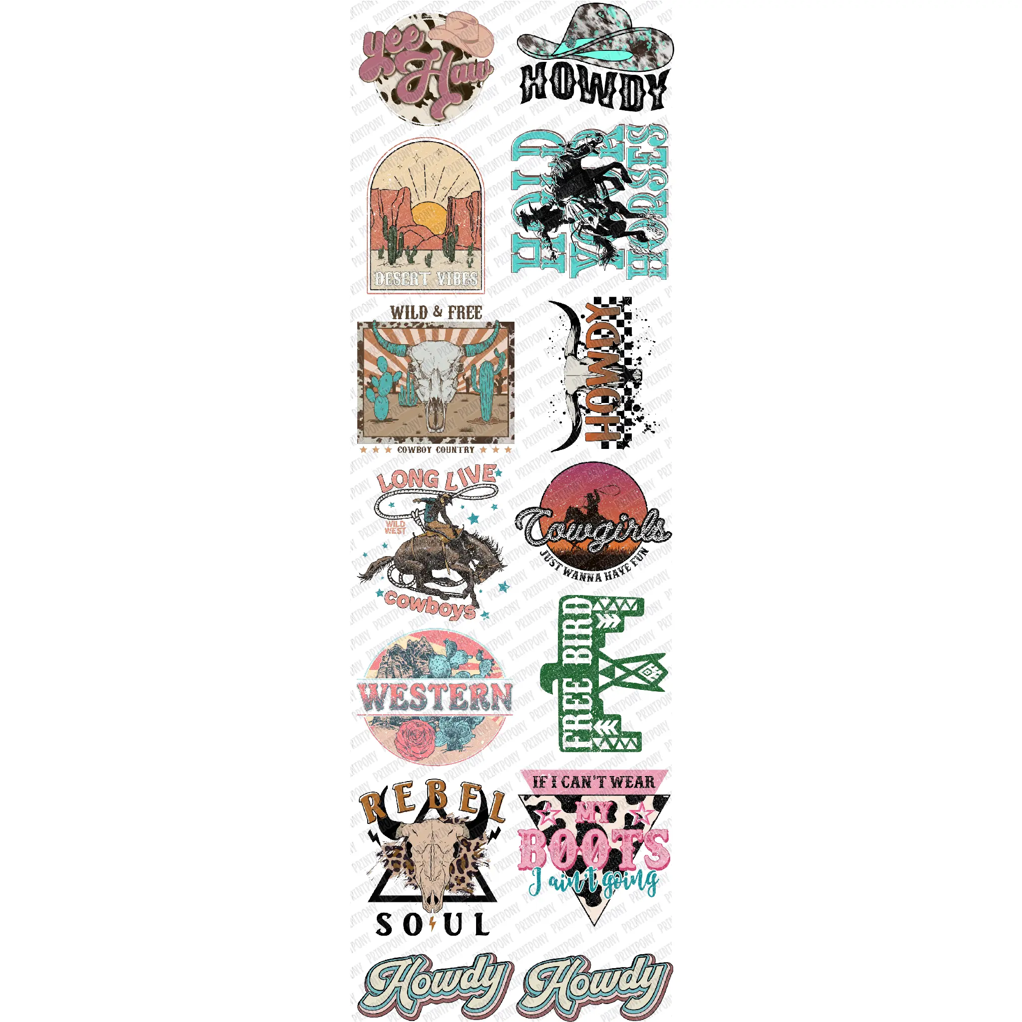 Hold Your Horses Western Premade DTF Gang Sheet 22.5 x 72 with 14 Adult Size Western Themed Prints Ready to Press Transfers