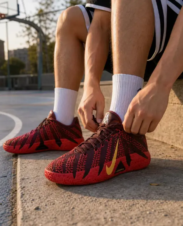 Red Burgundy Knit Basketball Sneakers, Cushioned Non‑Slip Footwear, Men Outdoor Court Performance Training Athletic Shoes