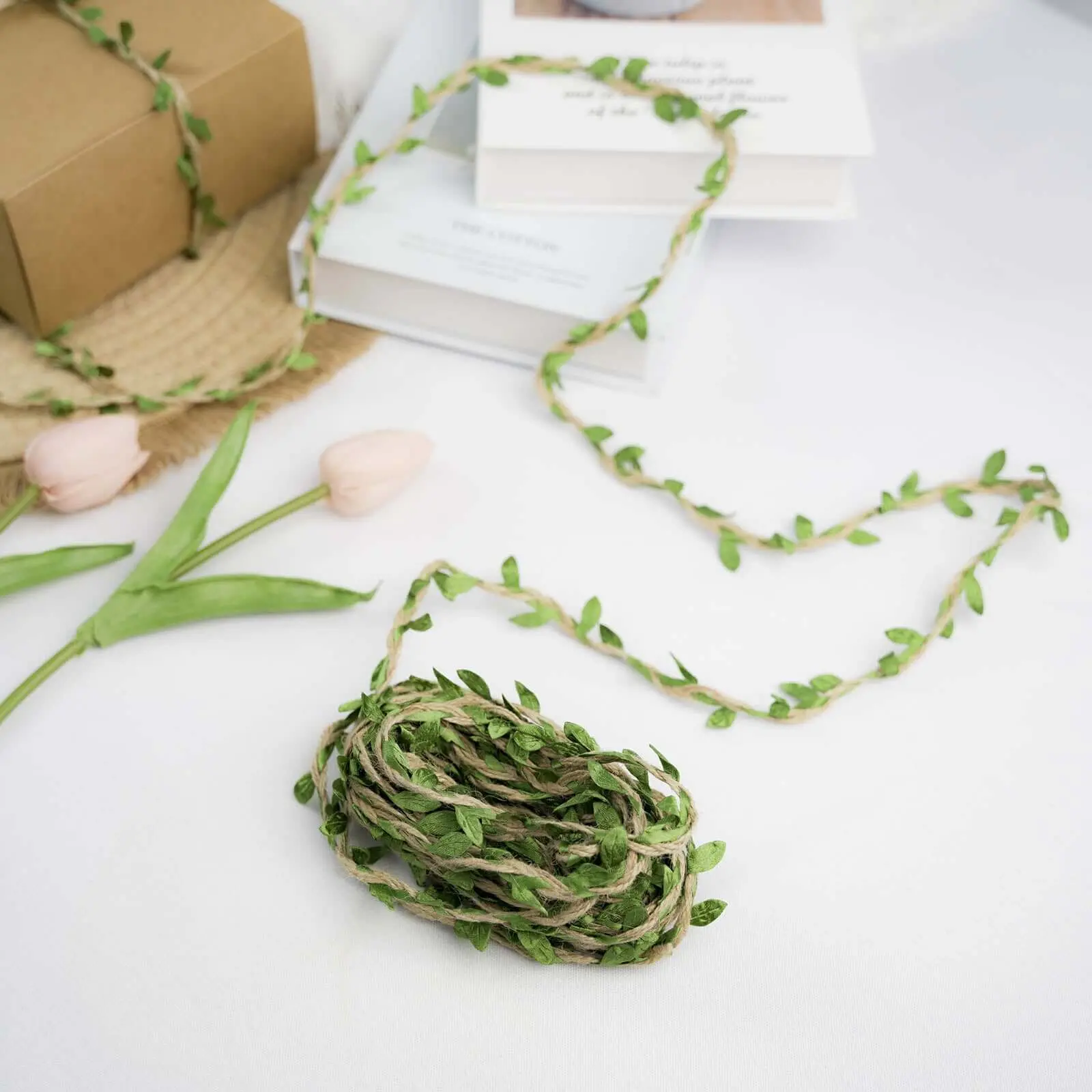32FT Natural Jute Twine with Green Leaves - Decorative Burlap Leaf Ribbon for Home Decor, DIY Weddings, Parties, Gift Garland Making, Scrapbooking, Sewing, Card Paper Crafts, Hair Bow Projects, Craft Projects