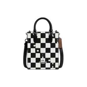 COACH N/S 14 Checkered Faux Leather Tote Bag for Women – Mini Size with Silver Hardware, Black and Chalk Colors