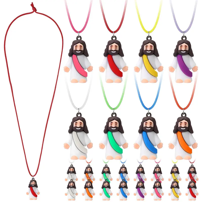 24Pcs Little Jesus Figures Necklaces Mini Jesus Figures Pendant for Boys Girls Sunday School Rewards Baptism Gifts Cute Jesus Necklaces for Church Event Trunk or Treat Giveaways Halloween Treat Bags Stuffer Religious Party Favors