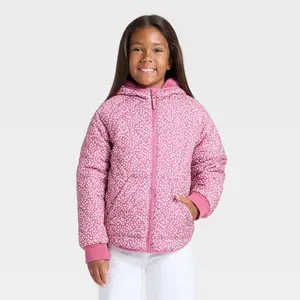 Girls' Floral Printed Hooded Reversible Puffer - Cat & Jack